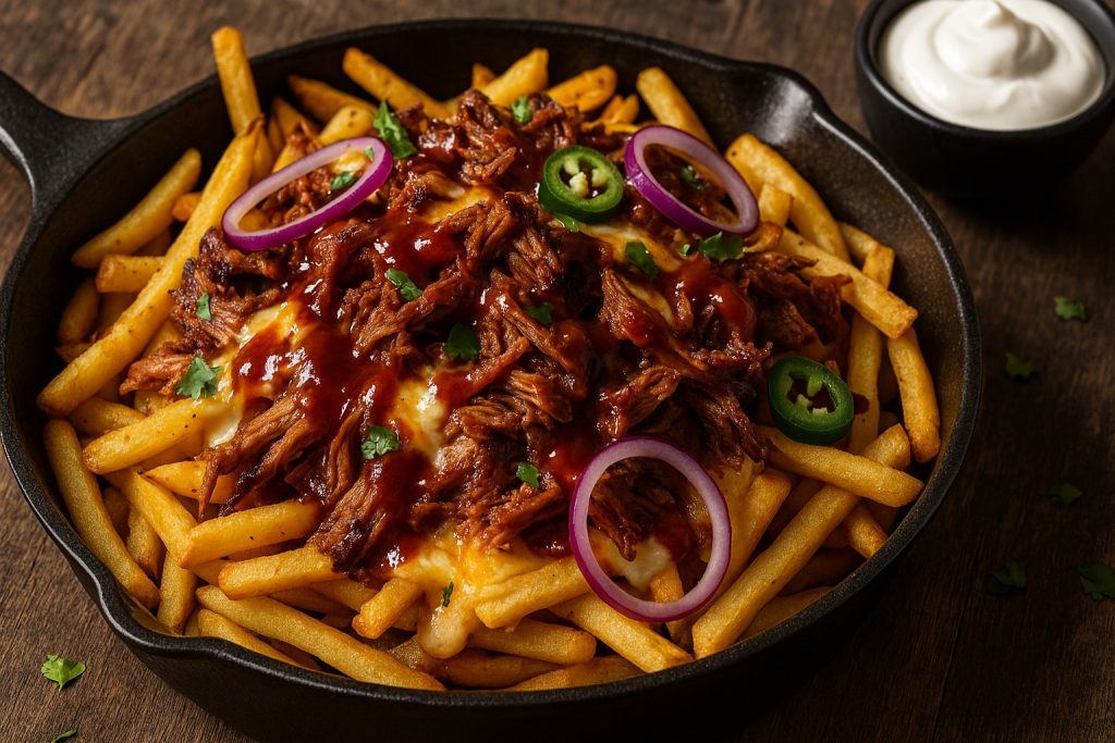 Dirty pulled pork fries med ost og BBQ-sauce